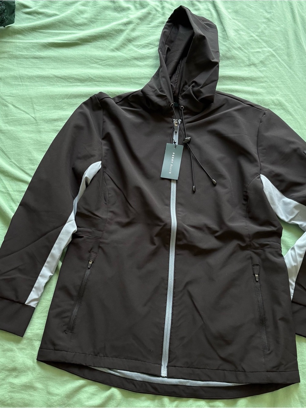 NWT Perry Ellis Black Hooded Windbreaker Women's Full Zip Golf Jacket With Hood